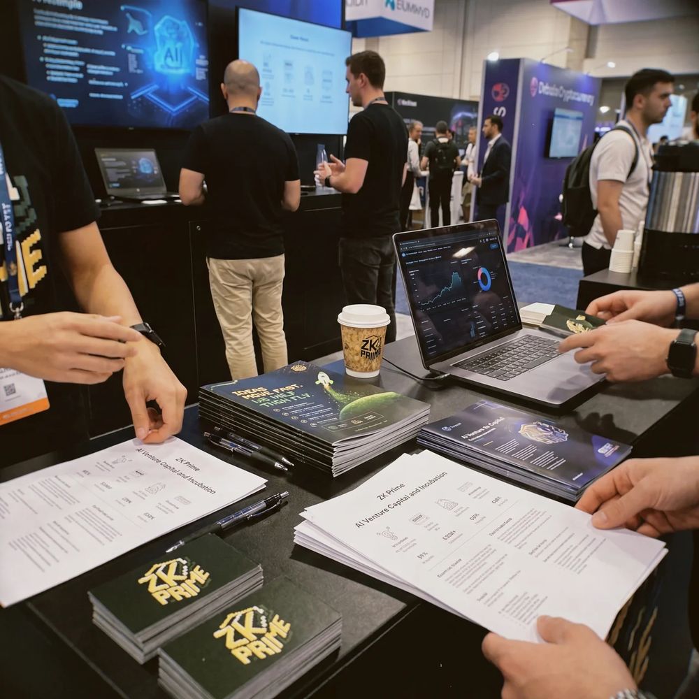 ZK Prime printed decks, flyers and a live dashboard on the booth table